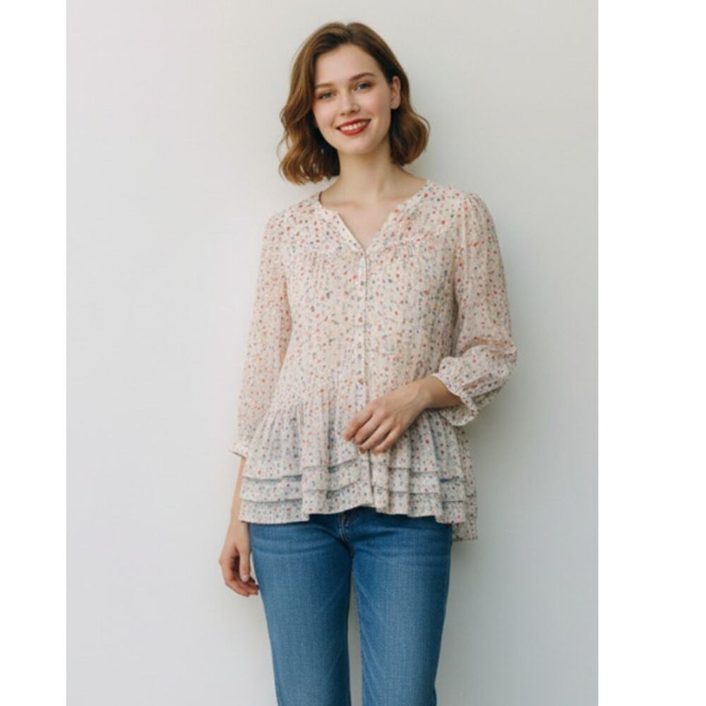 Anthropologie Maeve Top Womens Small Paccia Geometric Print Tunic Blouse Ruffle